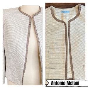 Antonio Melani Ivory taupe tweed‎ ruffle trim blazer 10